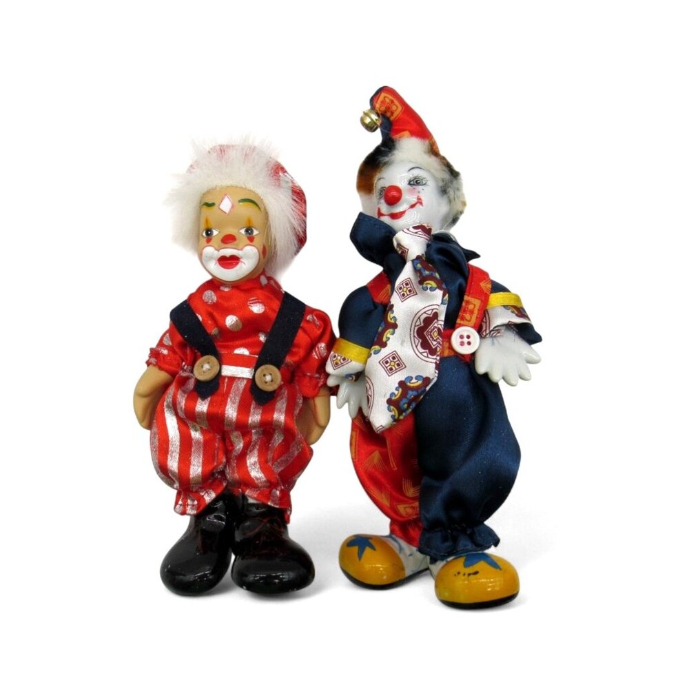 Ceramic CLOWN Figurines Set Of 2 Red and Blue China Vintage